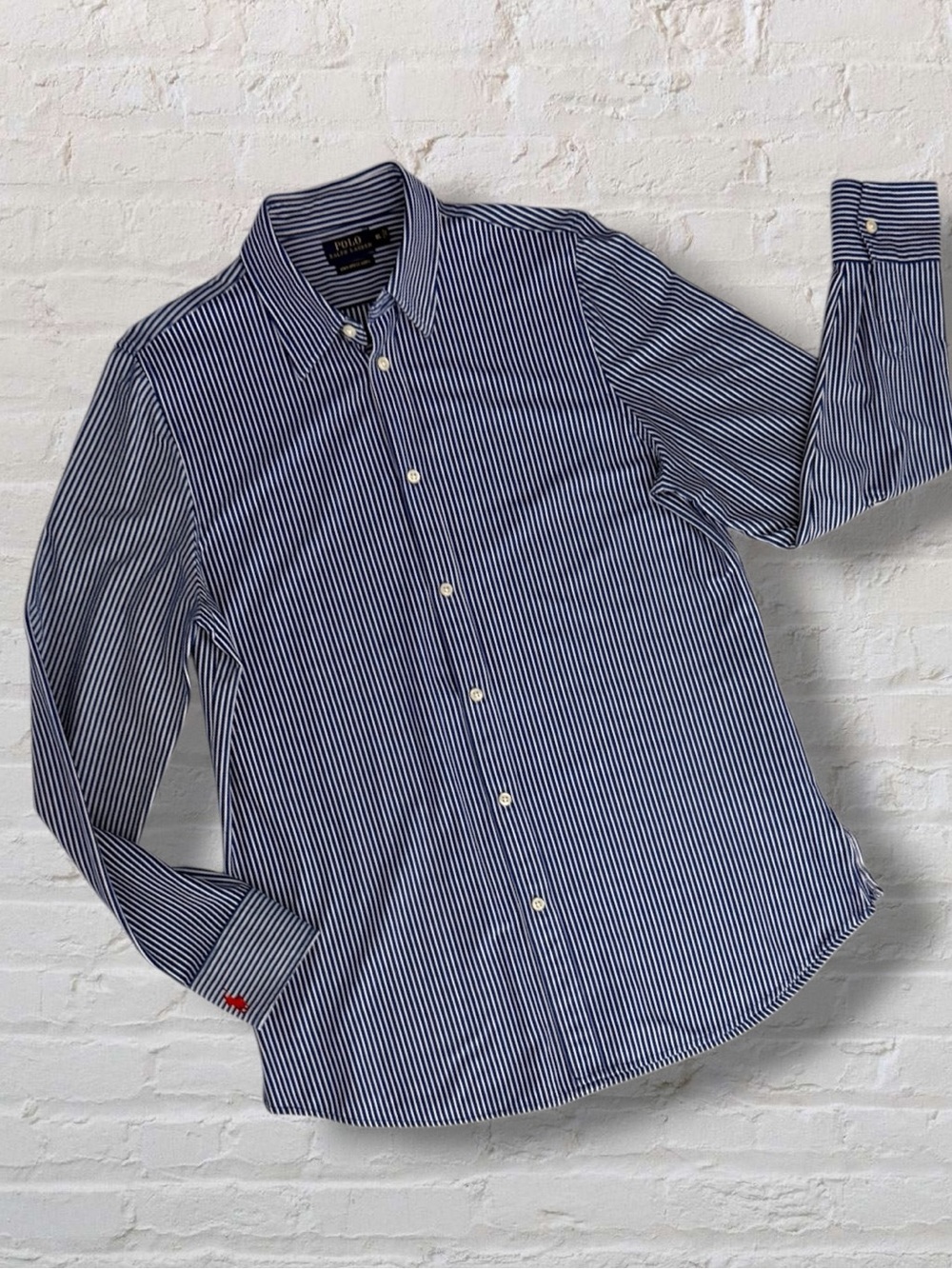 Polo Ralph Lauren Classic Fit Knit Dress Shirt Blue White Stripe Red Pony XL - Picture 10 of 14